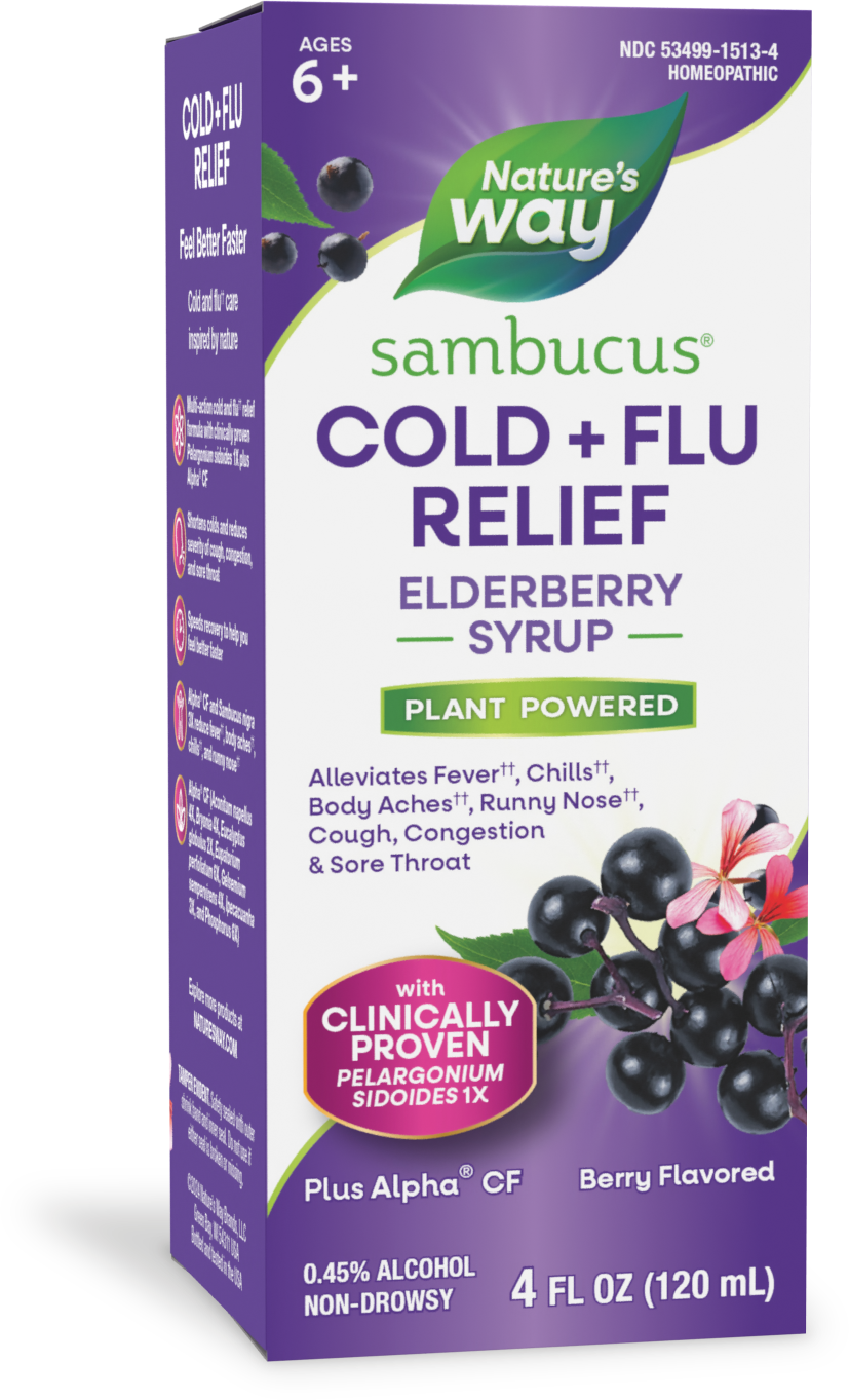 <{%PRIMARY_15136%}>Nature's Way® | Sambucus Cold+Flu Relief Elderberry Syrup, 4 fl oz (120 ml), Elderberry