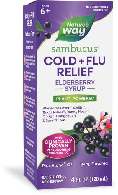 <{%PRIMARY_15136%}>Nature's Way® | Sambucus Cold+Flu Relief Elderberry Syrup, 4 fl oz (120 ml), Elderberry
