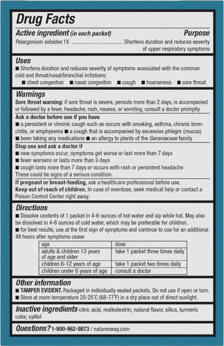 Nature's Way® | Umcka Cold Relief Hot Drink - back of pack Sku:15146
