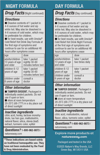 Nature's Way® | Umcka Cold Relief Hot Drink - back of pack Sku:10601