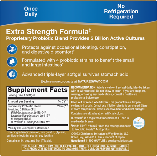 Nature's Way® | Pearls Elite Extra Strength Probiotics - back of pack Sku:56435
