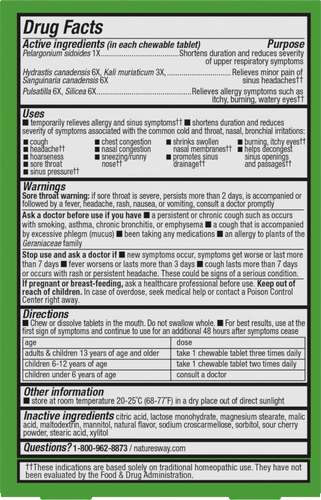 Nature's Way® | Umcka Allergy & Sinus Relief Chewables - back of pack Sku:12194