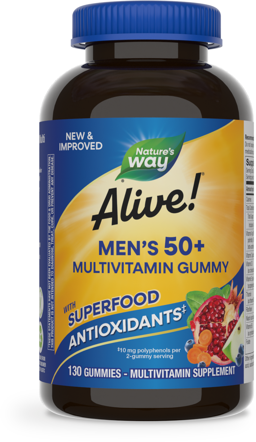 <{%PRIMARY_15151%}>Nature's Way® | Alive! Men's 50+ Gummy Multivitamin, 130 gummies, Fruit