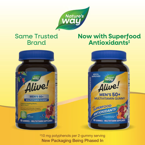 Nature's Way® | Alive! Men's 50+ Gummy Multivitamin - package updates old to new Sku:15902