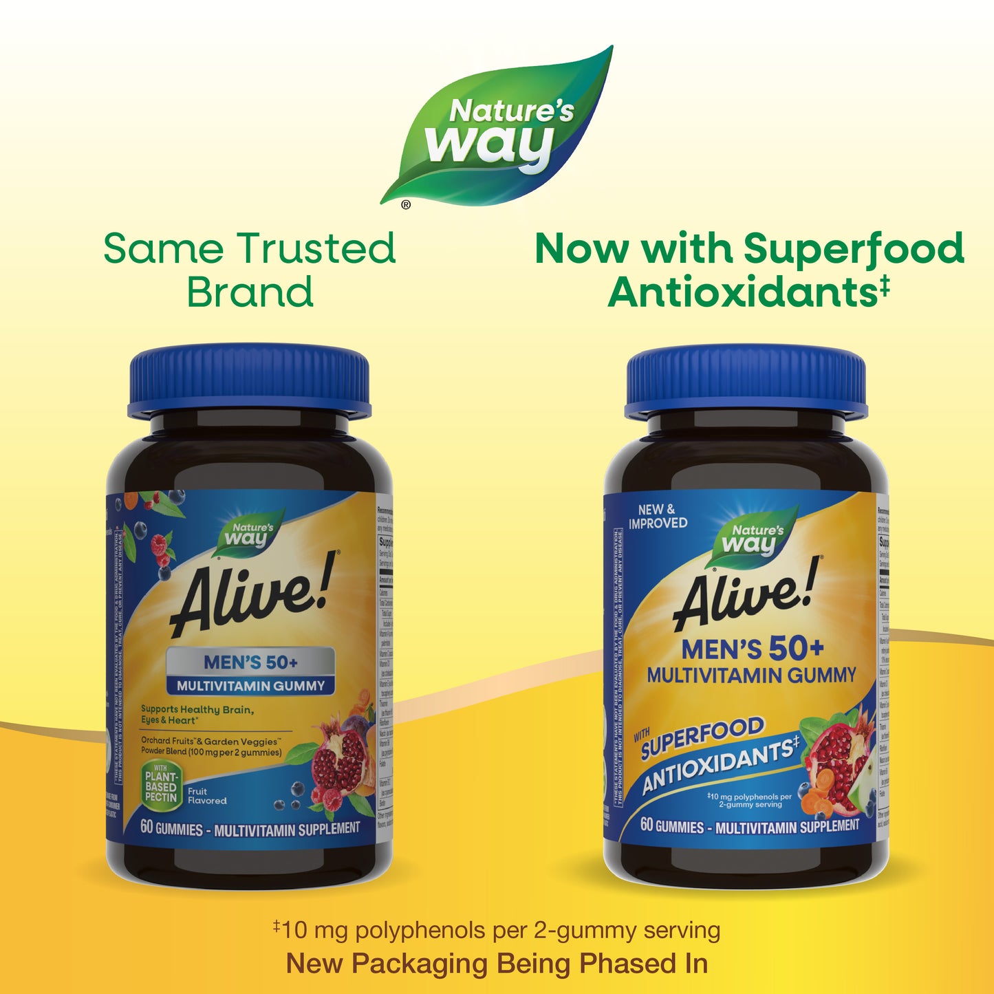 <{%MAIN14_15902%}>Nature's Way® | Alive! Men's 50+ Gummy Multivitamin - package updates old to new