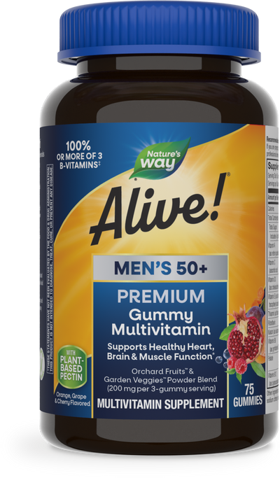 <{%PRIMARY_15898%}>Nature's Way® | Alive! Premium Men's 50+ Gummy Multivitamin, 75 gummies, Orange, Grape, and Cherry