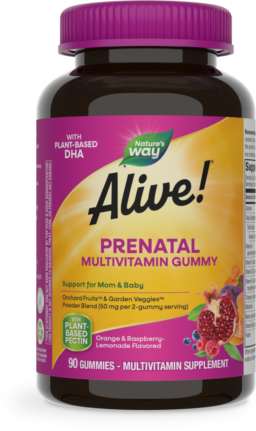 <{%PRIMARY_10488%}>Nature's Way® | Alive! Daily Support Prenatal Gummy Multivitamin, 90 gummies, Orange & Raspberry Lemonade