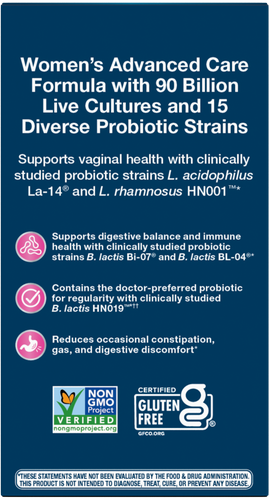 Nature's Way® | Fortify Optima Women's Advanced Care 90 Billion Probiotic - back of pack Sku:15859