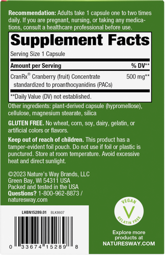 Nature's Way® | CranRx BioActive Cranberry - back of pack Sku:15289