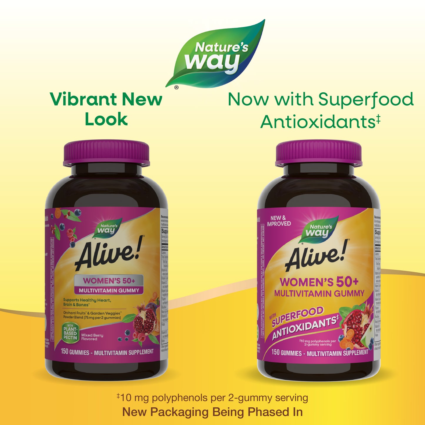 <{%MAIN1_14068%}>Nature's Way® | Alive! Women's 50+ Gummy Multivitamin - package updates old to new