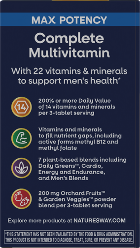 Nature's Way® | Alive! Max3 Potency Men's Complete Multivitamin Tablets - left side of pack Sku:15542