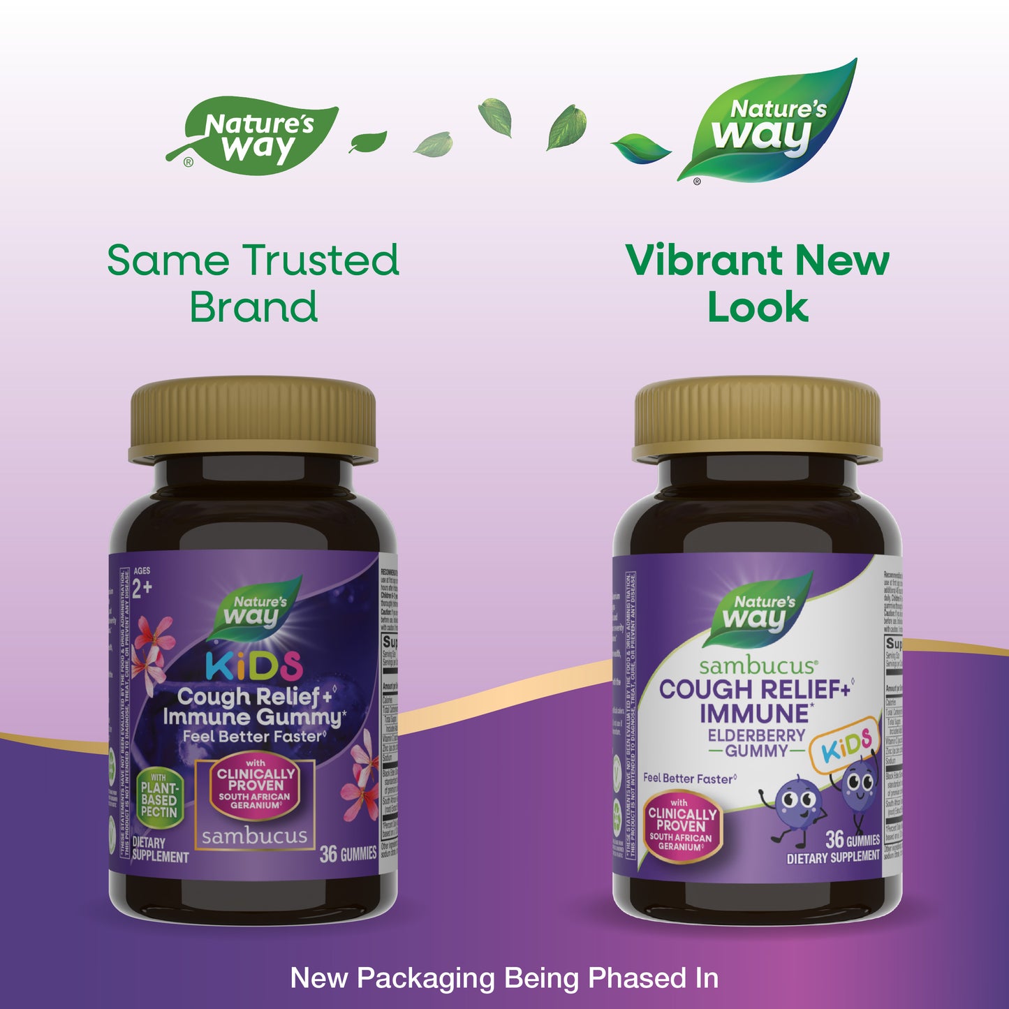 <{%MAIN1_13676%}>Nature's Way® | Sambucus Kids Cough Relief + Immune Elderberry Gummies - package updates old to new