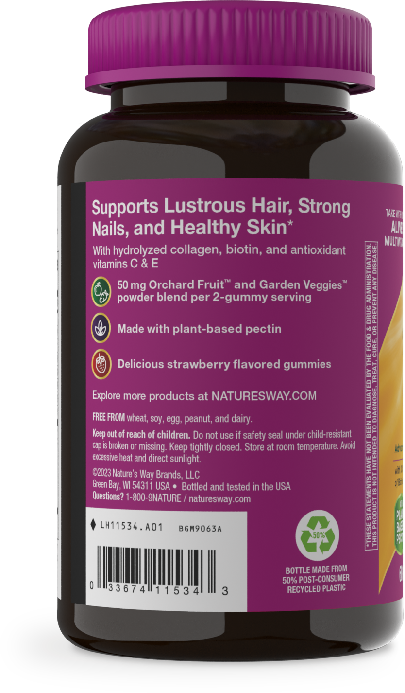 <{%MAIN3_11534%}>Nature's Way® | Alive! Hair, Skin & Nails Gummies - left side of pack
