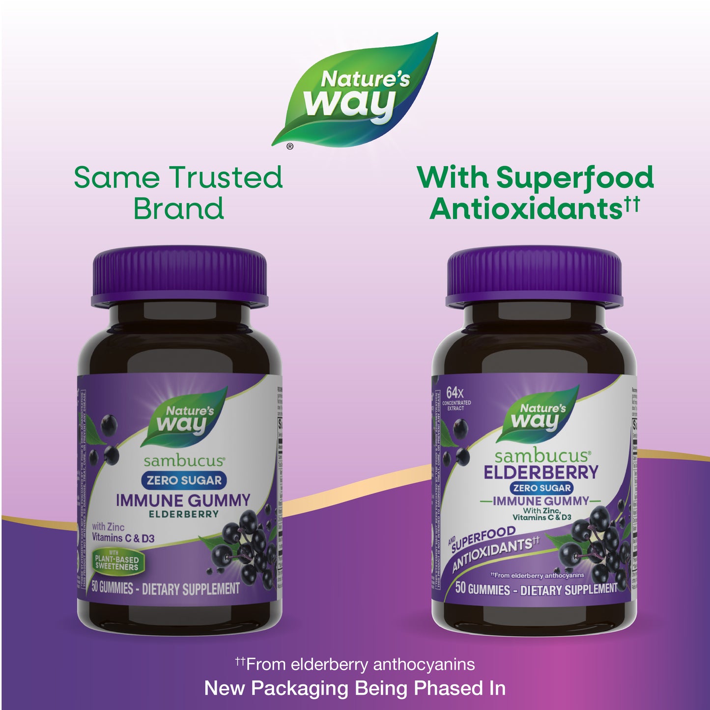 <{%MAIN1_14616%}>Nature's Way® | Sambucus Elderberry Zero Sugar Immune Gummy - package updates old to new