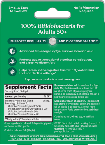 Nature's Way® | Pearls Adult 50+ Probiotic - back of pack Sku:10510