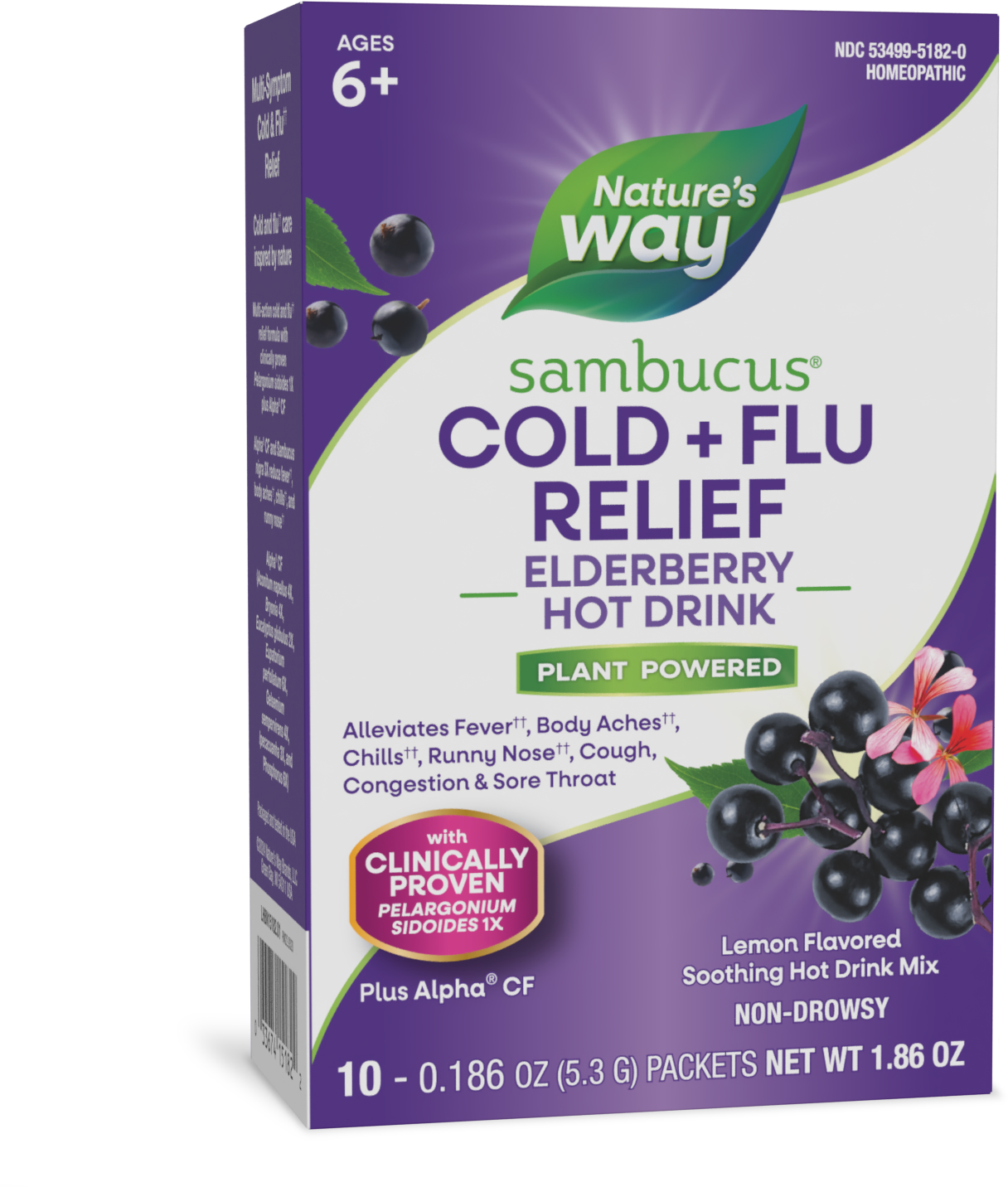 <{%PRIMARY_15182%}>Nature's Way® | Sambucus Cold+Flu Relief Elderberry Hot Drink, 10 drink mixes, Lemon