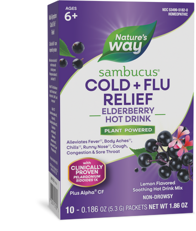 <{%PRIMARY_15182%}>Nature's Way® | Sambucus Cold+Flu Relief Elderberry Hot Drink, 10 drink mixes, Lemon