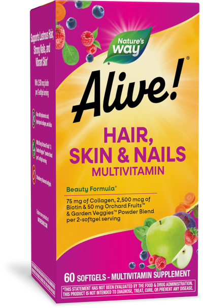 <{%PRIMARY_11094%}>Nature's Way® | Alive! Hair, Skin & Nails Multivitamin, 60 softgels, Strawberry