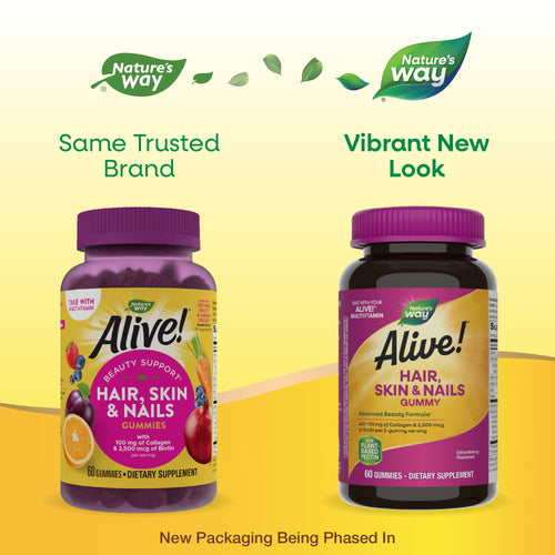 Nature's Way® | Alive! Hair, Skin & Nails Gummies - package updates old to new Sku:11534