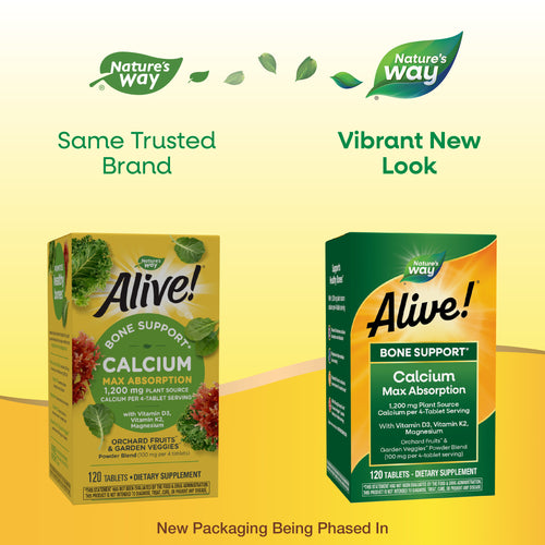 Nature's Way® | Alive! Calcium Bone Support - package updates old to new Sku:15839