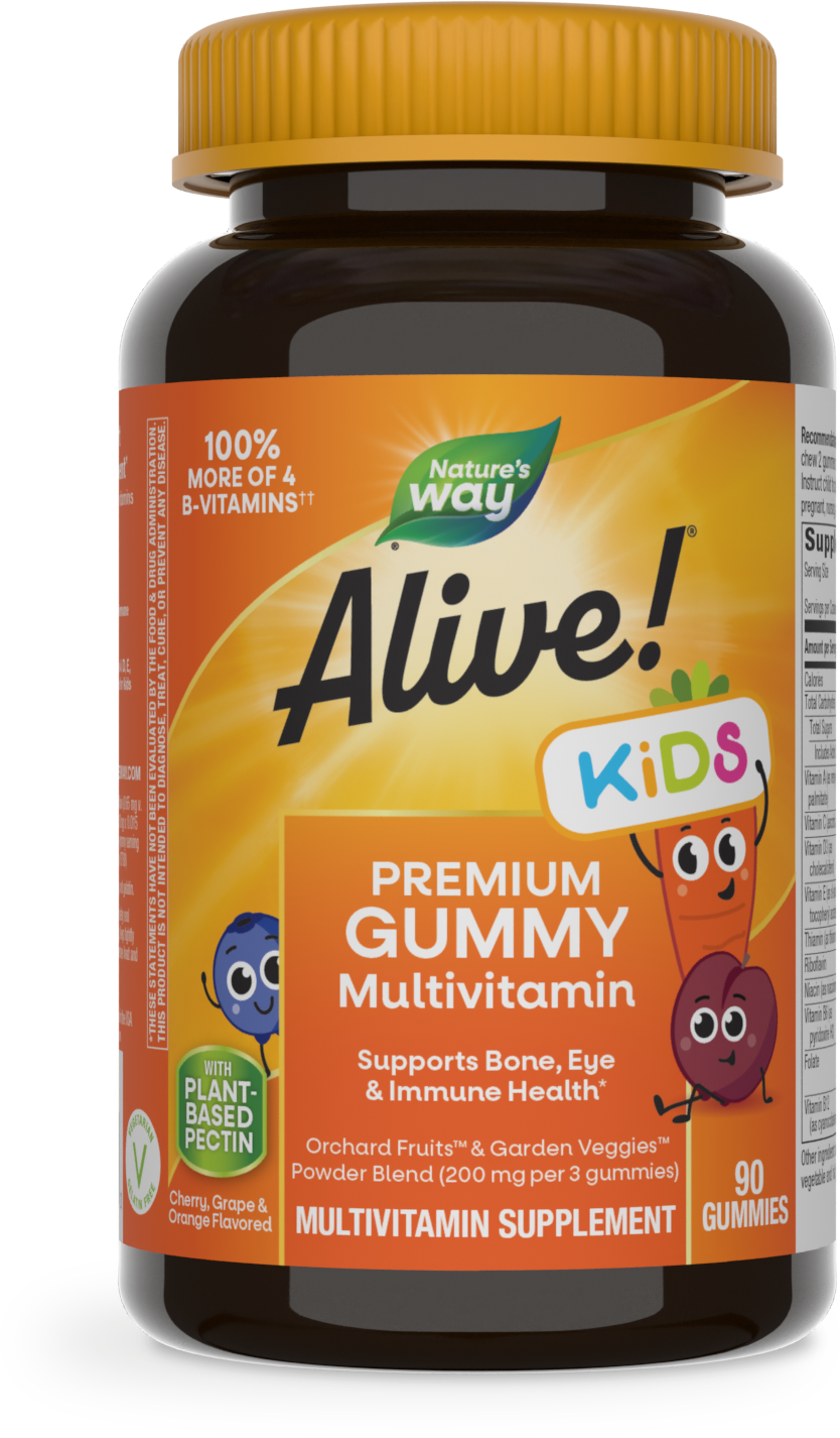 <{%PRIMARY_15789%}>Nature's Way® | Alive! Premium Kids Gummy Multivitamin, 90 gummies, Cherry, Orange & Grape