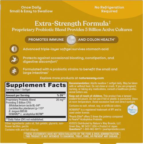 Nature's Way® | Pearls Elite Probiotics - back of pack Sku:56435