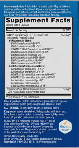 Nature's Way® | Fortify Optima Pre+Probiotic Age 50+ 90 Billion - right side of pack Sku:15785