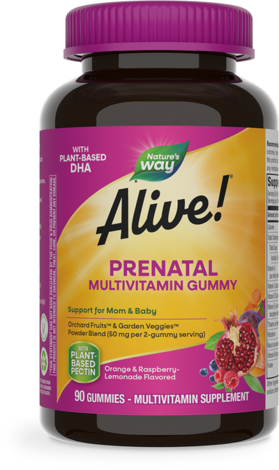 <{%PRIMARY_10488%}>Nature's Way® | Alive! Daily Support Prenatal Gummy Multivitamin, 90 gummies, Orange & Raspberry Lemonade