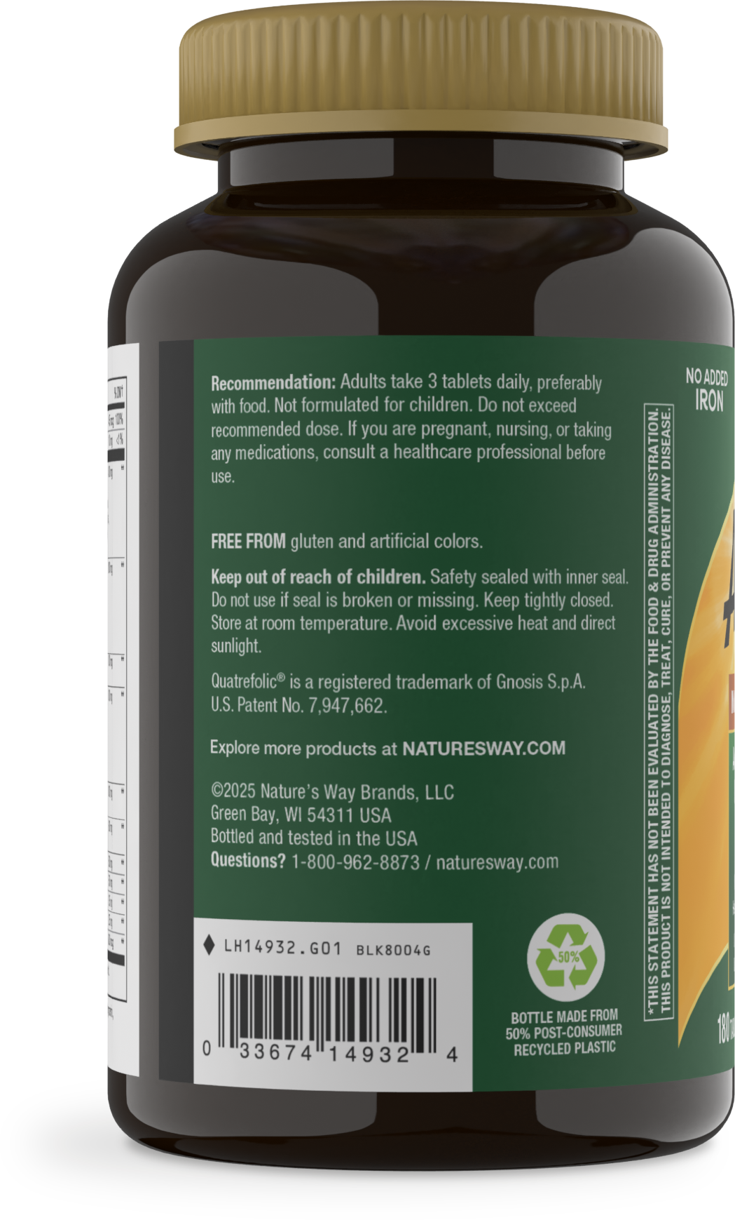 <{%MAIN9_14932%}>Nature's Way® | Alive! Max3 Potency Adult Complete Multivitamin-No Added Iron - left side of pack