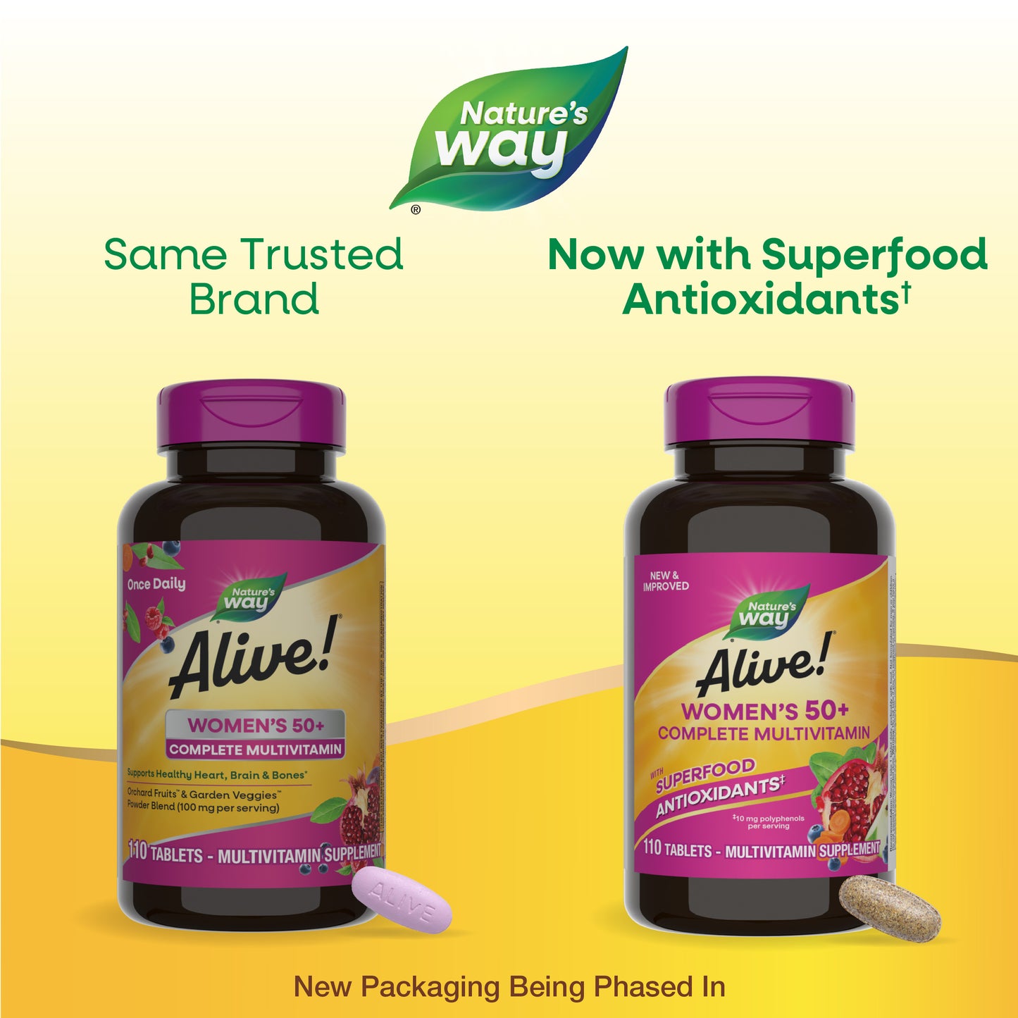 <{%MAIN1_13901%}>Nature's Way® | Alive! Women's 50+ Complete Multivitamin - package updates old to new