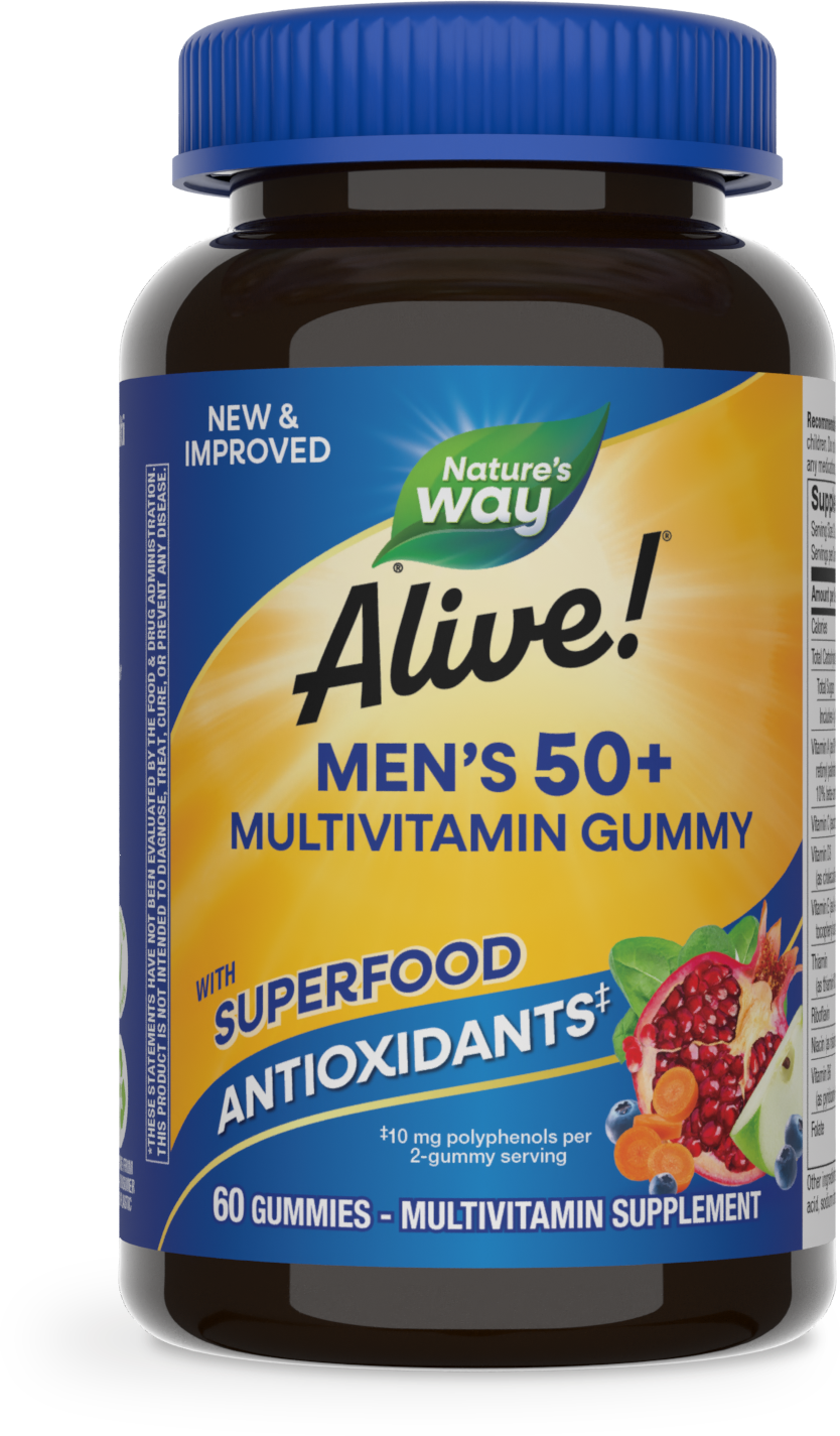 <{%PRIMARY_15902%}>Nature's Way® | Alive! Men's 50+ Gummy Multivitamin, 60 gummies, Fruit