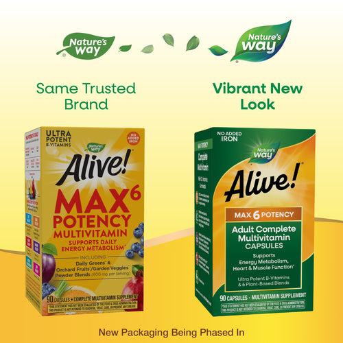 Nature's Way® | Alive! Max6 Potency Adult Complete Multivitamin-No Added Iron - package updates old to new Sku:15092