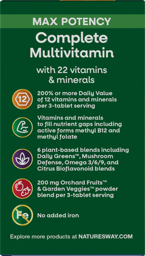 Nature's Way® | Alive! Max3 Potency Adult Complete Multivitamin-No Added Iron - left side of pack Sku:14931