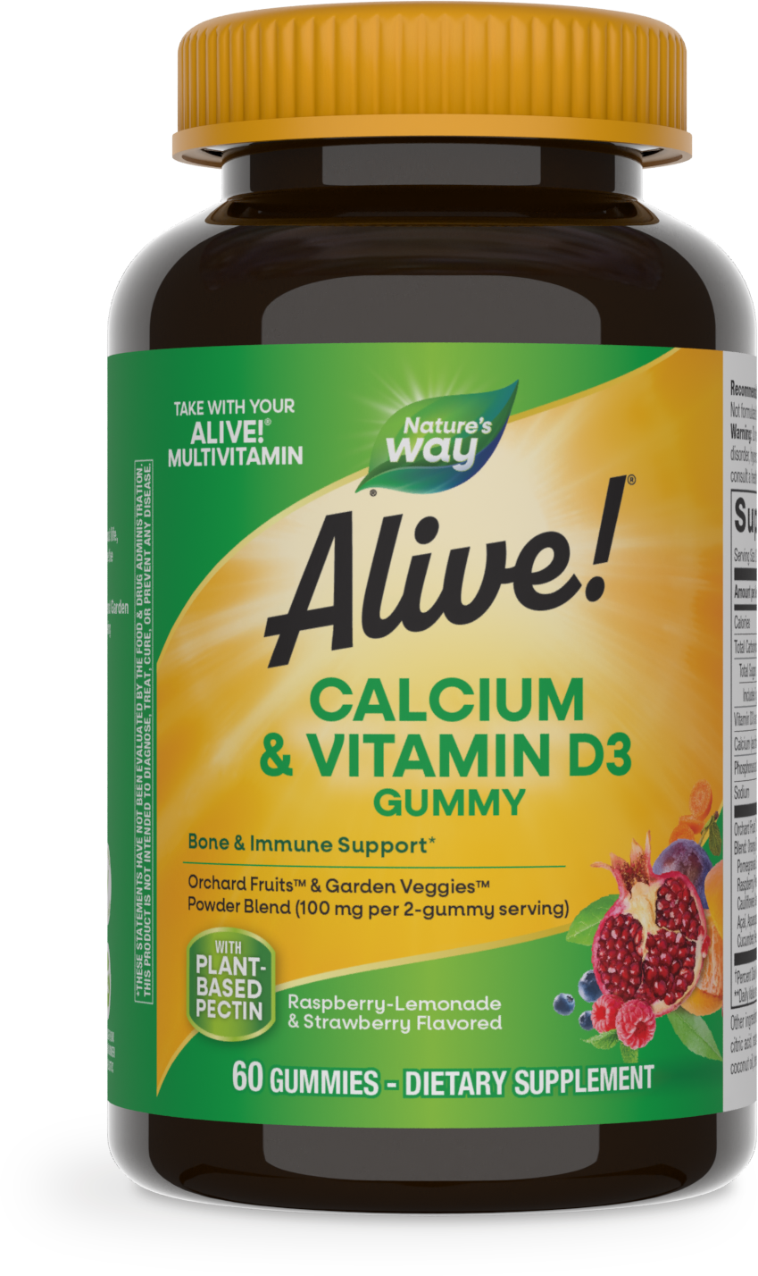 <{%PRIMARY_10255%}>Nature's Way® | Alive! Calcium & Vitamin D3 Gummies, 60 gummies, Raspberry-Lemonade & Strawberry