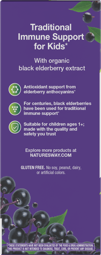 Nature's Way® | Sambucus Organic Traditional Elderberry Immune Syrup for Kids - left side of pack Sku:15797