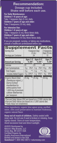 Nature's Way® | Sambucus Organic Traditional Elderberry Immune Syrup for Kids - right side of pack Sku:15797
