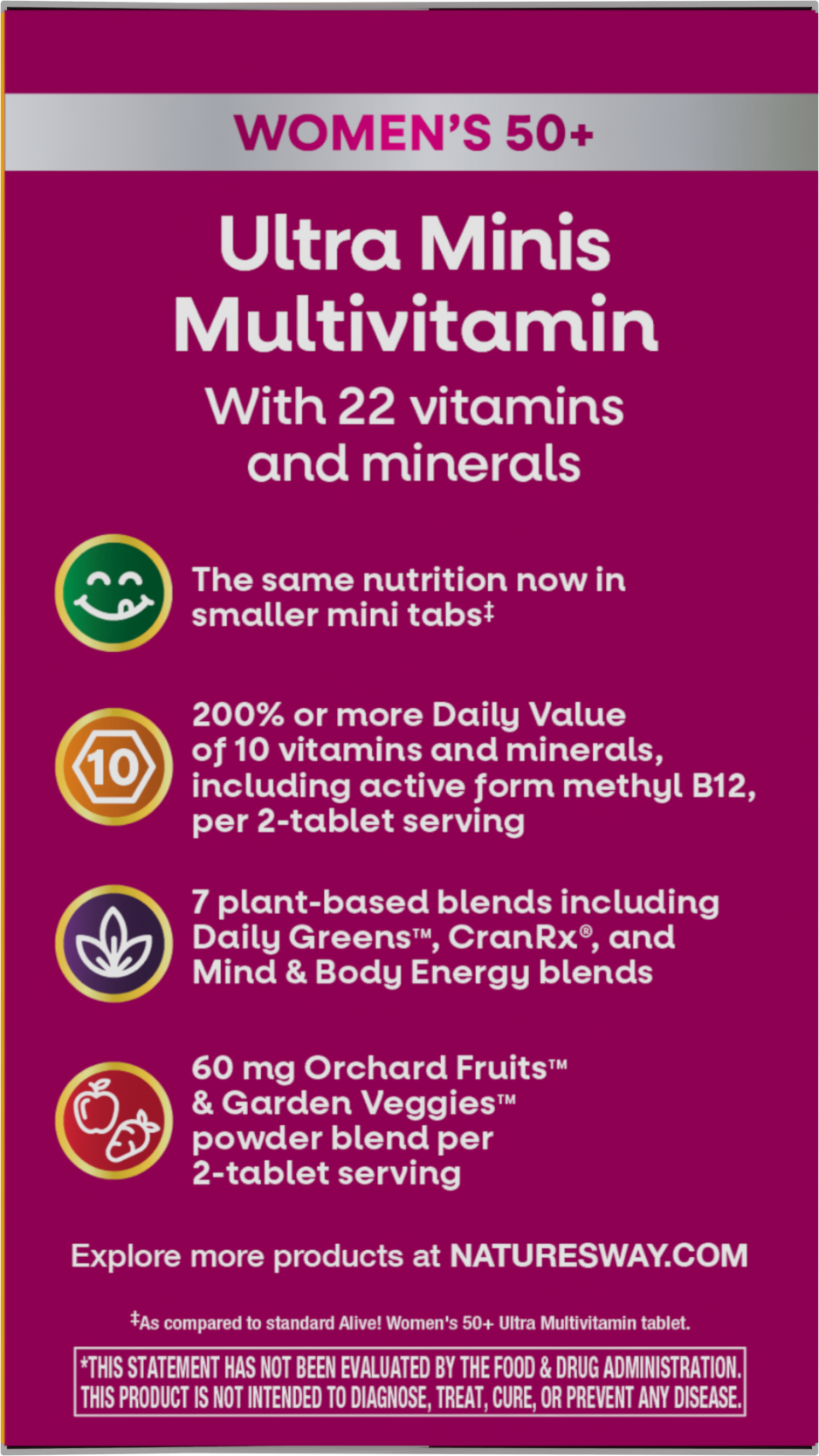 <{%360IMAGE3_15974%}>Nature's Way® | Alive! Women's 50+ Ultra Minis Multivitamin - left side of pack