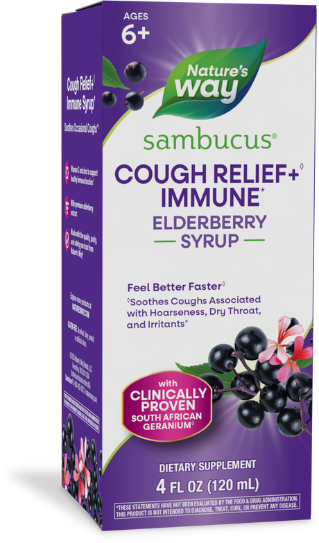 <{%PRIMARY_13673%}>Nature's Way® | Sambucus Cough Relief +♢ Immune* Elderberry Syrup, 4 fl oz (120 ml)