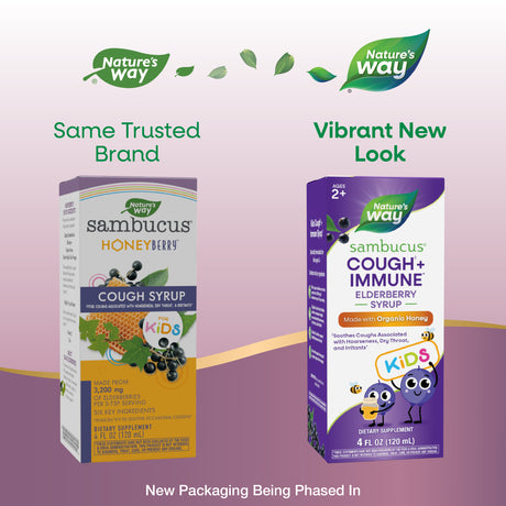 <{%MAIN1_13315%}>Nature's Way® | Sambucus Kids Cough +♢ Immune* Elderberry Syrup - package updates old to new