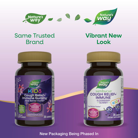 <{%MAIN1_13676%}>Nature's Way® | Sambucus Kids Cough Relief +♢ Immune* Elderberry Gummies - package updates old to new