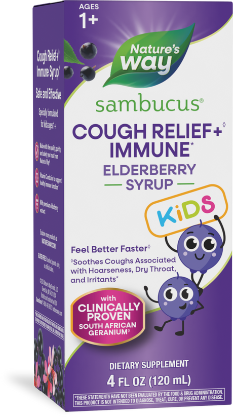 <{%PRIMARY_13671%}>Nature's Way® | Sambucus Kids Cough Relief +♢ Immune* Elderberry Syrup, 4 fl oz (120 ml)