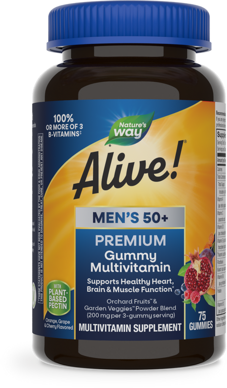 <{%PRIMARY_15898%}>Nature's Way® | Alive! Premium Men's 50+ Gummy Multivitamin, 75 gummies, Orange, Grape, and Cherry