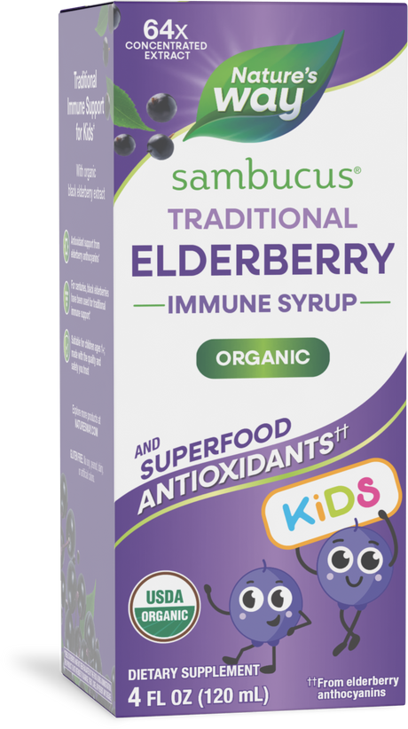 <{%PRIMARY_15797%}>Nature's Way® | Sambucus Organic Traditional Elderberry Immune Syrup for Kids, 4 fl oz (120 ml)