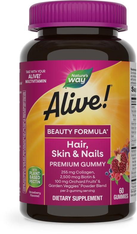 <{%PRIMARY_11973%}>Nature's Way® | Alive! Hair, Skin & Nails Premium Gummies, 60 gummies, Strawberry