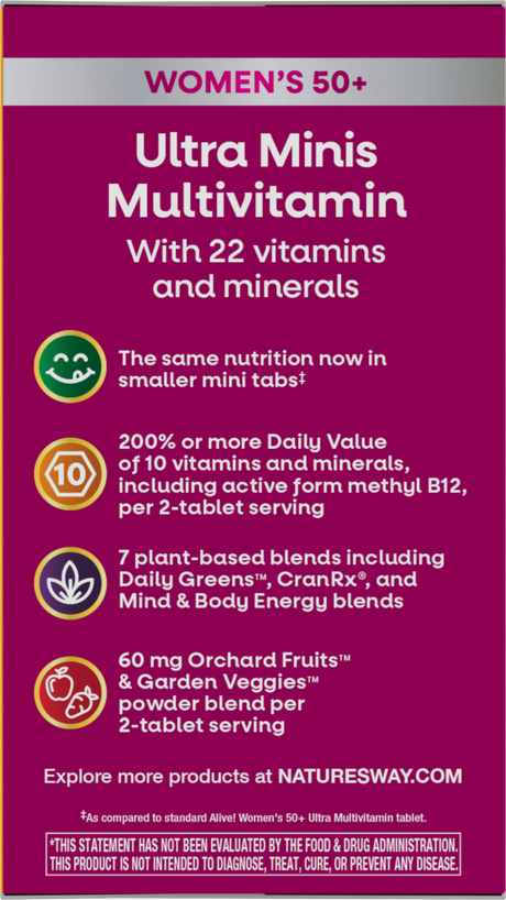 <{%360IMAGE3_15974%}>Nature's Way® | Alive! Women's 50+ Ultra Minis Multivitamin - left side of pack