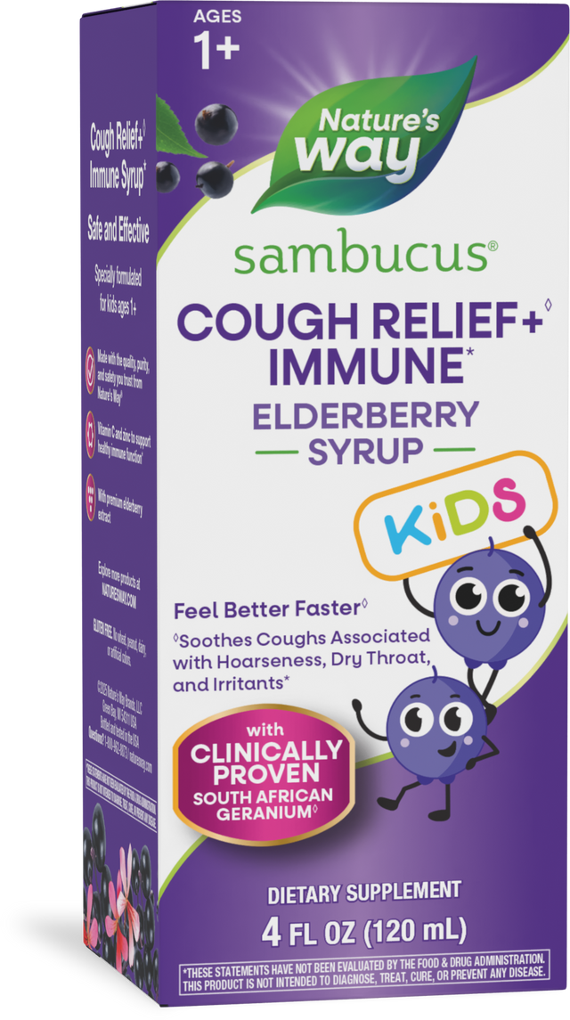 <{%PRIMARY_13671%}>Nature's Way® | Sambucus Kids Cough Relief +♢ Immune* Elderberry Syrup, 4 fl oz (120 ml)