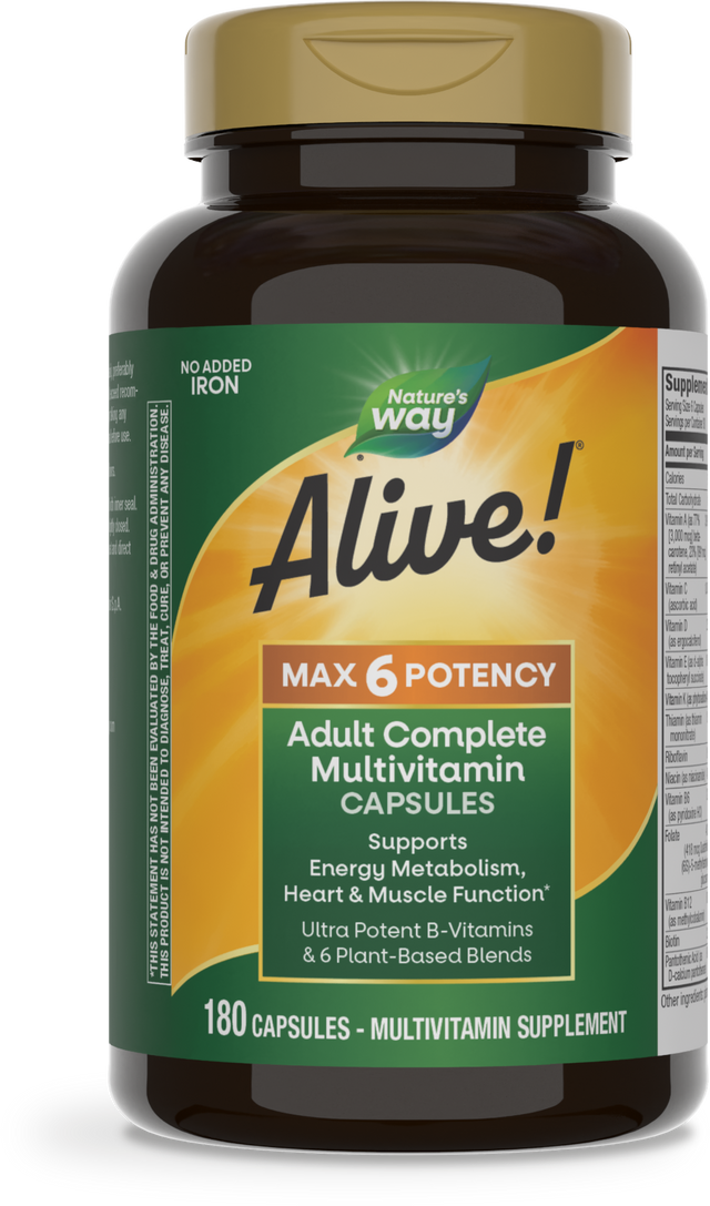 <{%PRIMARY_15709%}>Nature's Way® | Alive! Max6 Potency Adult Complete Multivitamin-No Added Iron, 180 capsules