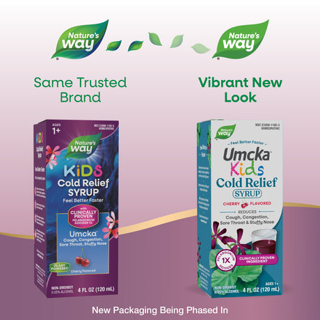 <{%MAIN1_60165%}>Nature's Way® | Umcka Kids Cold Relief Syrup - package updates old to new