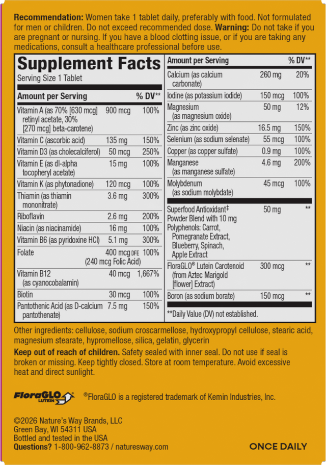 <{%360IMAGE4_13662%}>Nature's Way® | Alive! Women's 50+ Complete Multivitamin - back of pack