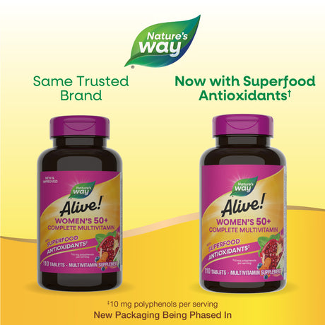 <{%MAIN1_13901%}>Nature's Way® | Alive! Women's 50+ Complete Multivitamin - package updates old to new